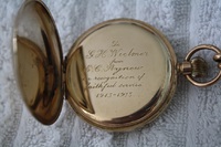Pocket watch presented to a long-serving worker by Mrs Agnew in 1933